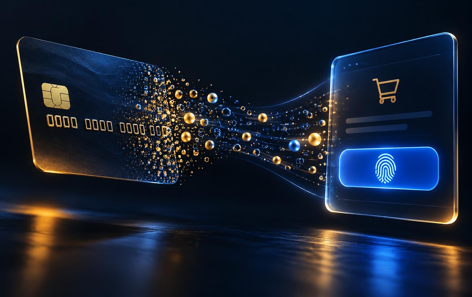 A dark card with its number dissolving into gold and blue token dots flowing into a biometric one-click checkout panel