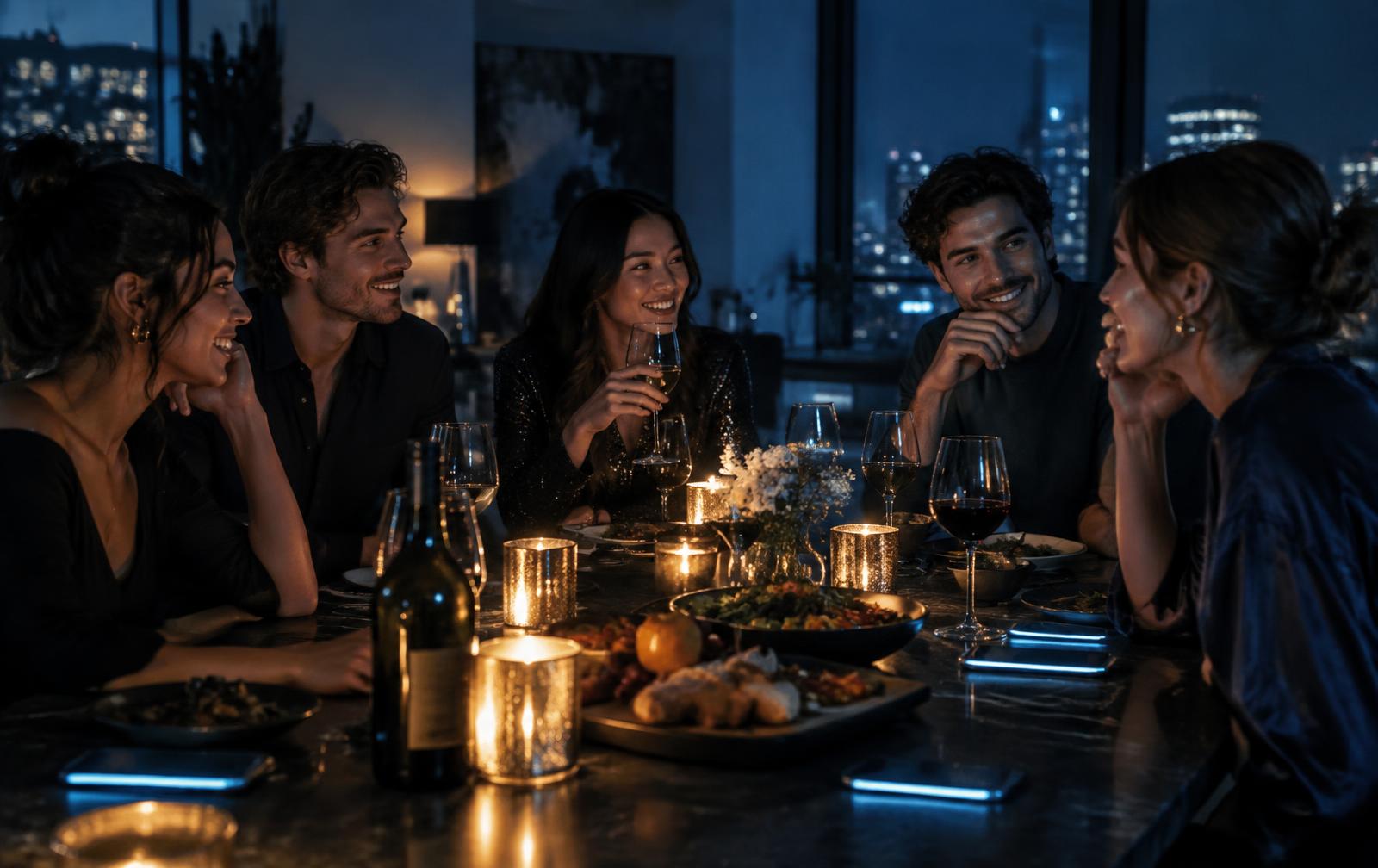 Friends around a candlelit dinner table at night with phones glowing on the marble surface