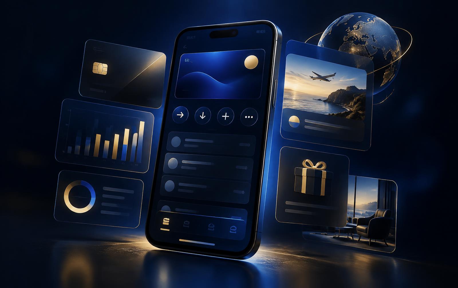 Smartphone showing a modular banking dashboard surrounded by glowing blue and gold financial tiles